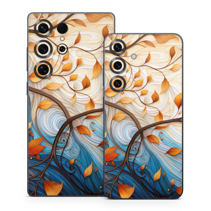 Samsung Galaxy S25 Series Skin design of Dishware, Orange, Textile, Sleeve, Serveware, Petal, Pattern, Porcelain, Electric blue, Art, with yellow, orange, red, white, blue, brown colors