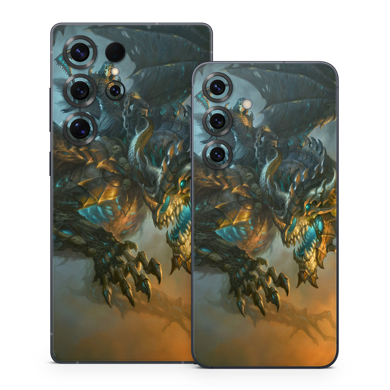 Samsung Galaxy S25 Series Skin design of Dragon, Cg artwork, Fictional character, Mythical creature, Demon, Mythology, Illustration, Cryptid, Art, with orange, yellow, black, brown, blue, white colors