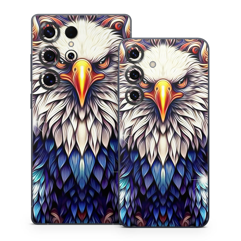 Samsung Galaxy S25 Series Skin design of Accipitridae, Bird of prey, Eagle, Wing, Beak, Accipitriformes, Bird, Falconiformes, Bald eagle, Sea eagle, with red, blue, white, yellow, orange, brown, gray colors