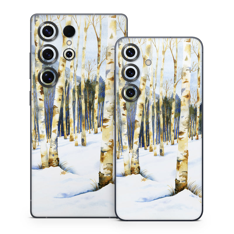 Samsung Galaxy S25 Series Skin design of Tree, Snow, Winter, Canoe birch, Nature, Birch, Forest, Natural environment, Freezing, Woody plant, with white, brown, black, gray colors