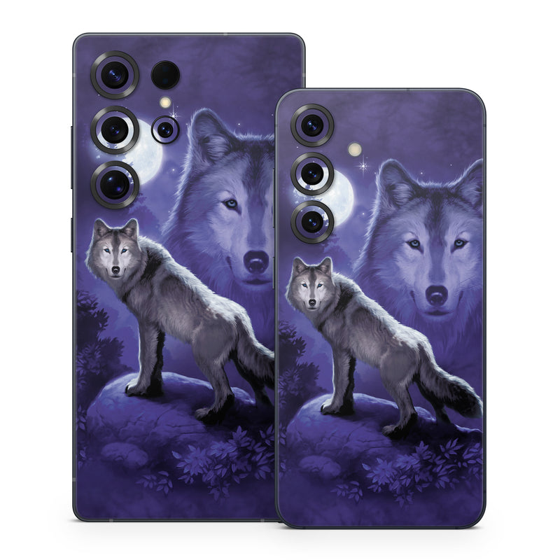 Samsung Galaxy S25 Series Skin design of Wolf, Canidae, canis lupus tundrarum, Canis, Wolfdog, Dog, Native american indian dog, Wildlife, Sakhalin husky, Moonlight, with blue, black, gray colors