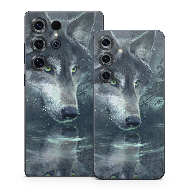 Samsung Galaxy S25 Series Skin design of Wolf, Canidae, Wildlife, Red wolf, Canis, canis lupus tundrarum, Snout, Saarloos wolfdog, Wolfdog, Carnivore, with black, gray, blue colors