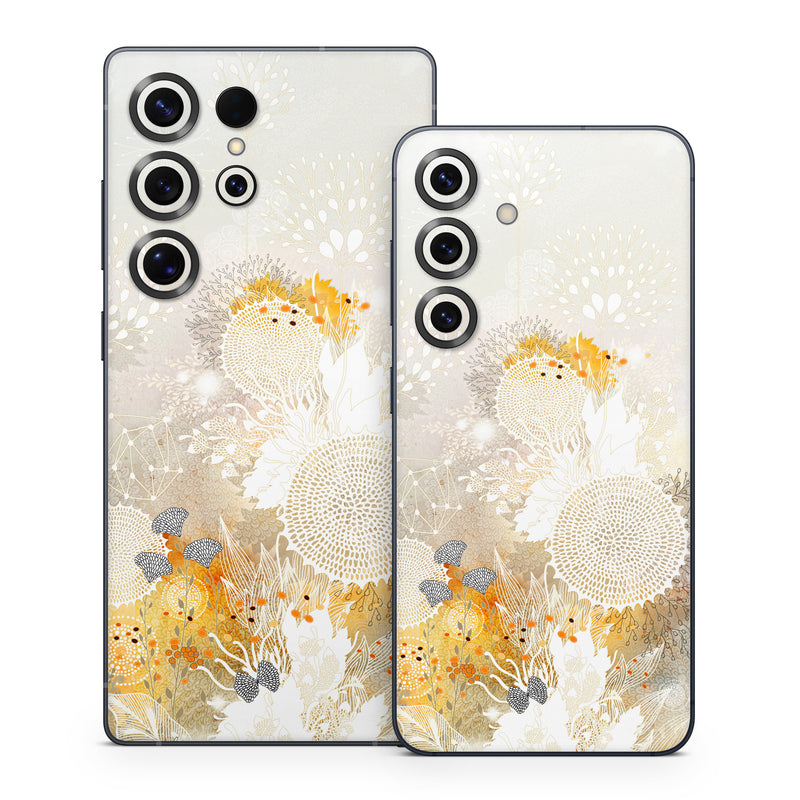 Samsung Galaxy S25 Series Skin design of Pattern, Floral design, Flower, Plant, Illustration, camomile, Wildflower, Art, with gray, yellow, pink, white, green colors