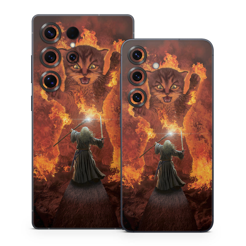 Samsung Galaxy S25 Series Skin design of Cartoon, Art, Carnivore, Cg artwork, Felidae, Supernatural creature, Big cats, Heat, Fictional character, Darkness, with black, red, white, gray, yellow colors