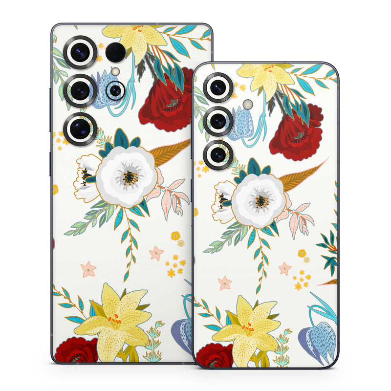 Samsung Galaxy S25 Series Skin design of Floral design, Pattern, Wrapping paper, Botany, Design, Flower, Wallpaper, Plant, Clip art, Pedicel, with white, blue, red, yellow, pink, orange colors