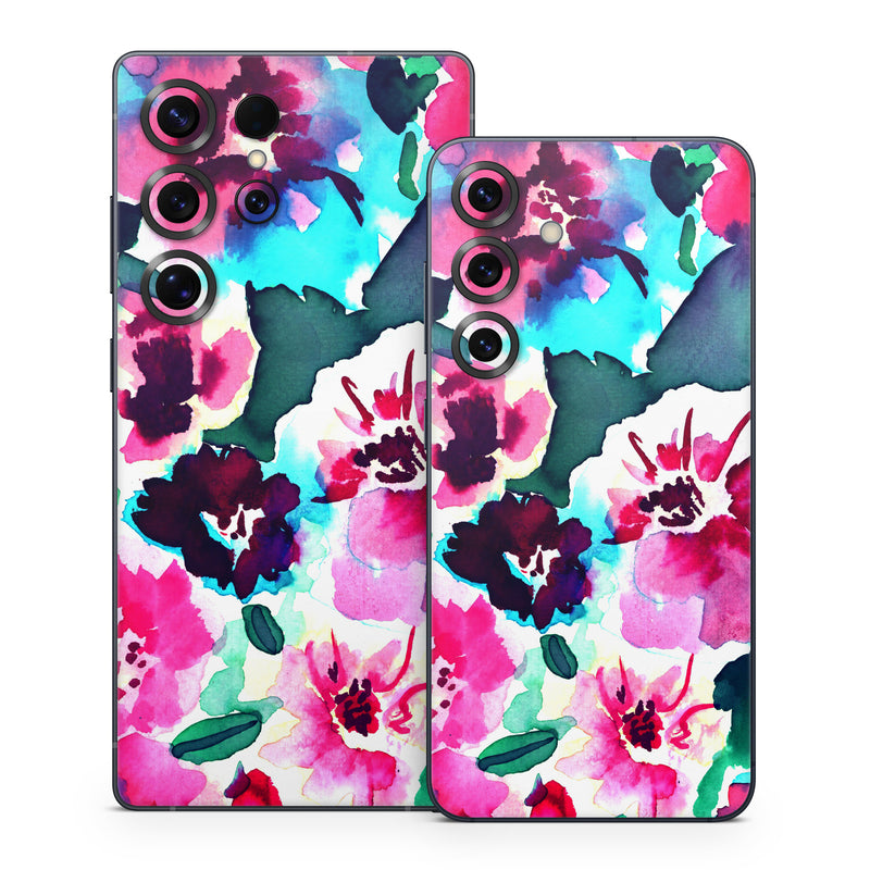 Samsung Galaxy S25 Series Skin design of Flower, Pink, Petal, Plant, Pattern, Hawaiian hibiscus, Design, Magenta, Flowering plant, Watercolor paint, with white, pink, blue, green, red colors