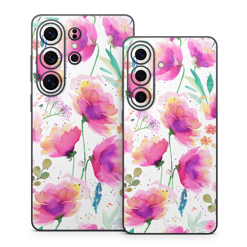 Samsung Galaxy S26 Series Skin design of Pink, Watercolor painting, Art Paint, Creative arts, Paint, Floral design, Geraniums, with white, pink, purple, green, yellow, orange colors