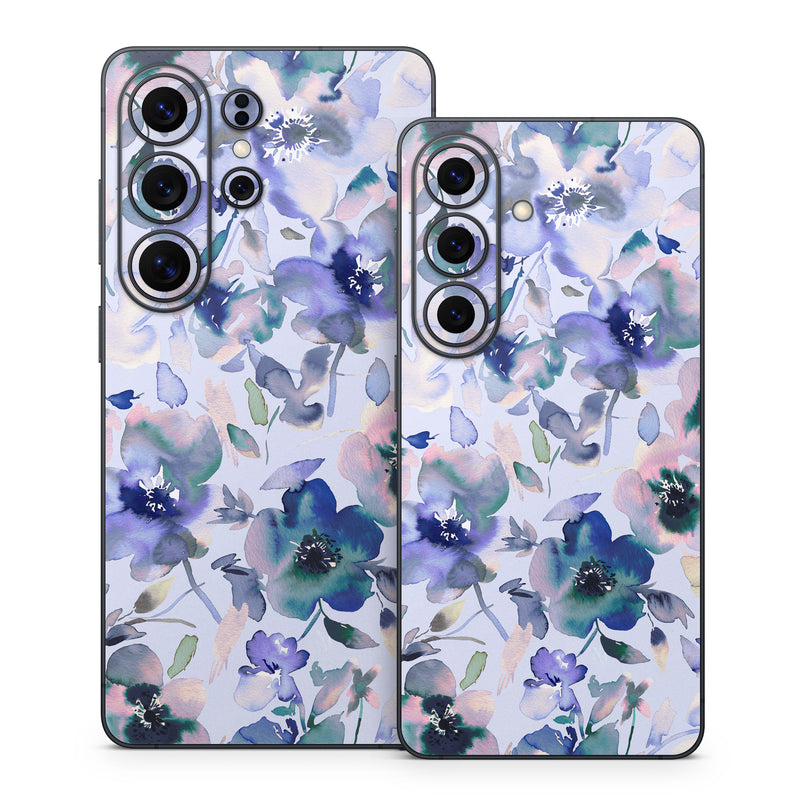 Samsung Galaxy S26 Series Skin design of Blue, Flower, Petal, Pink, Purple, Wildflower, Watercolor painting, Floral design, Lobelias, Borages, with white, purple, black, pink, green colors
