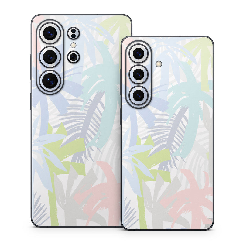 Samsung Galaxy S26 Series Skin design of Palm trees, with bllue, green, pink, yellow, white, gray colors