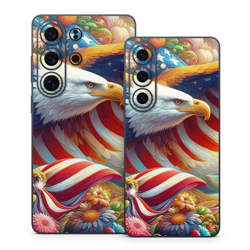 Samsung Galaxy S26 Series Skin design of Bird, Accipitridae, Beak, Wing, Bald eagle, Bird of prey, Eagle, Flag of the United States, Accipitriformes, Painting, with red, blue, white, yellow, orange, brown, green, gray colors