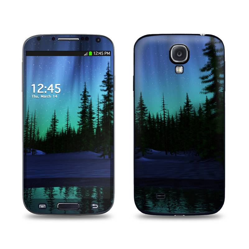 Samsung Galaxy S4 Skin design of Aurora, Nature, Sky, shortleaf black spruce, Natural landscape, Tree, Wilderness, Natural environment, Biome, Spruce-fir forest, with blue, purple, green, black colors
