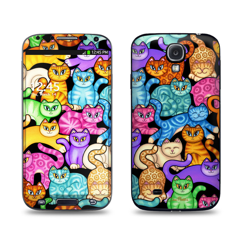 Samsung Galaxy S4 Skin design of Cat, Cartoon, Felidae, Organism, Small to medium-sized cats, Illustration, Animated cartoon, Wildlife, Kitten, Art, with black, blue, red, purple, green, brown colors