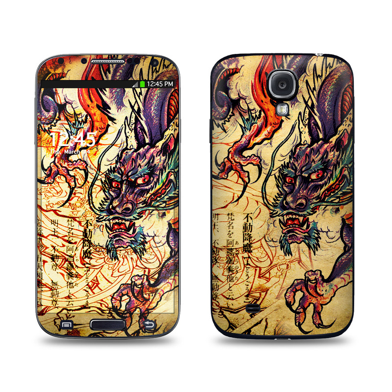 Samsung Galaxy S4 Skin design of Illustration, Fictional character, Art, Demon, Drawing, Visual arts, Dragon, Supernatural creature, Mythical creature, Mythology, with black, green, red, gray, pink, orange colors