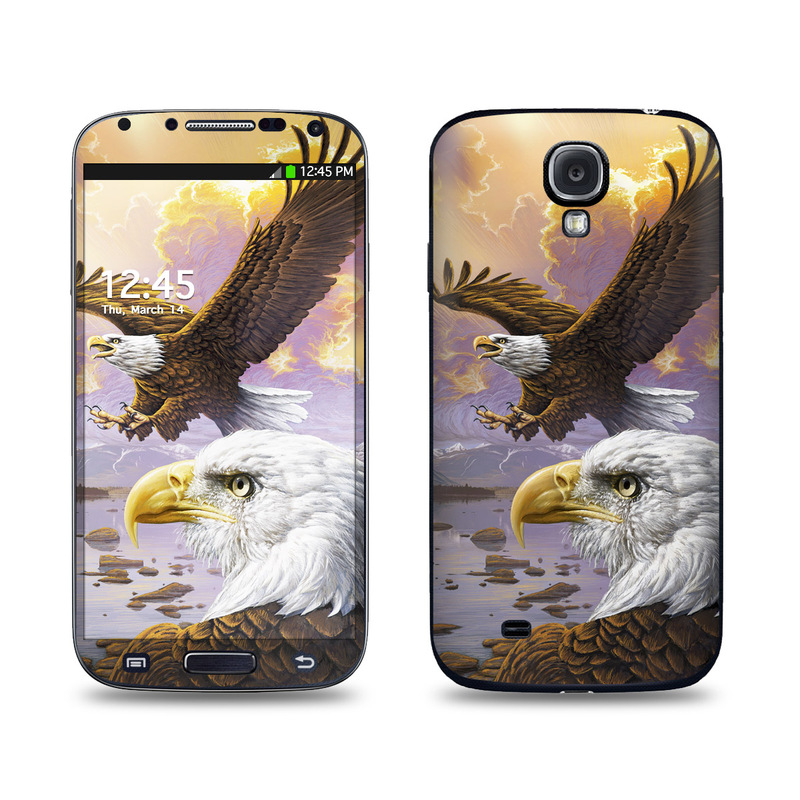 Samsung Galaxy S4 Skin design of Bird, Bird of prey, Bald eagle, Vertebrate, Eagle, Accipitriformes, Accipitridae, Golden eagle, Beak, Hawk with gray, black, green, red, purple colors