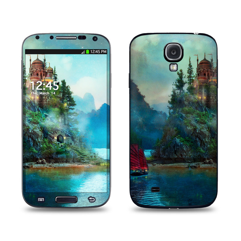 Samsung Galaxy S4 Skin design of Nature, Natural landscape, Sky, Painting, Landscape, Illustration, Watercolor paint, Art, Calm, Water castle, with black, gray, blue, green colors