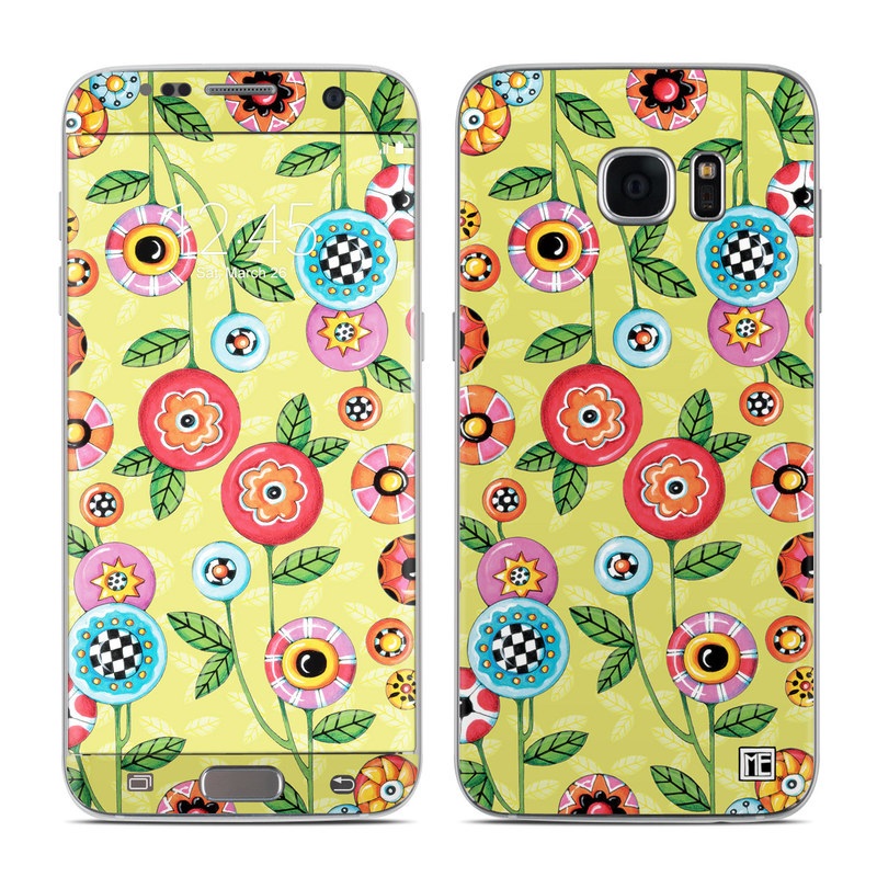 Samsung Galaxy S7 Edge Skin design of Wrapping paper, Pattern, Textile, Design, Visual arts, Wildflower, Art, Plant, Child art, Flower, with green, blue, red, yellow, orange, pink colors