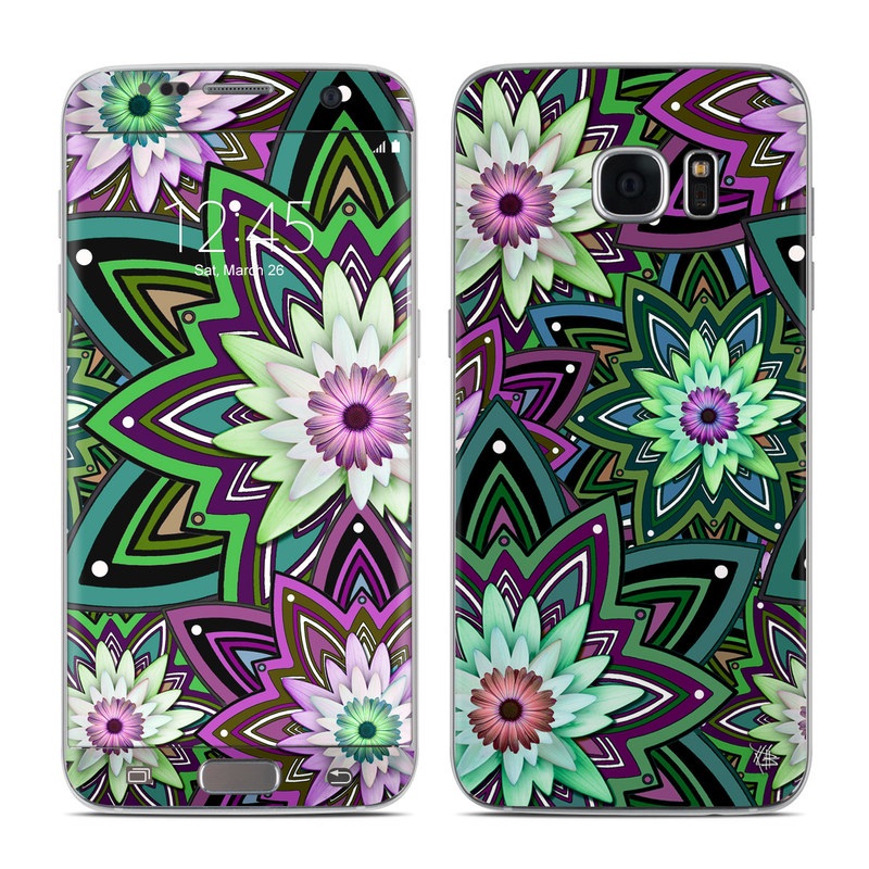 Samsung Galaxy S7 Edge Skin design of Pattern, Purple, Green, Flower, Psychedelic art, Design, Lilac, Plant, Symmetry, Visual arts, with black, gray, green, purple, blue, red colors