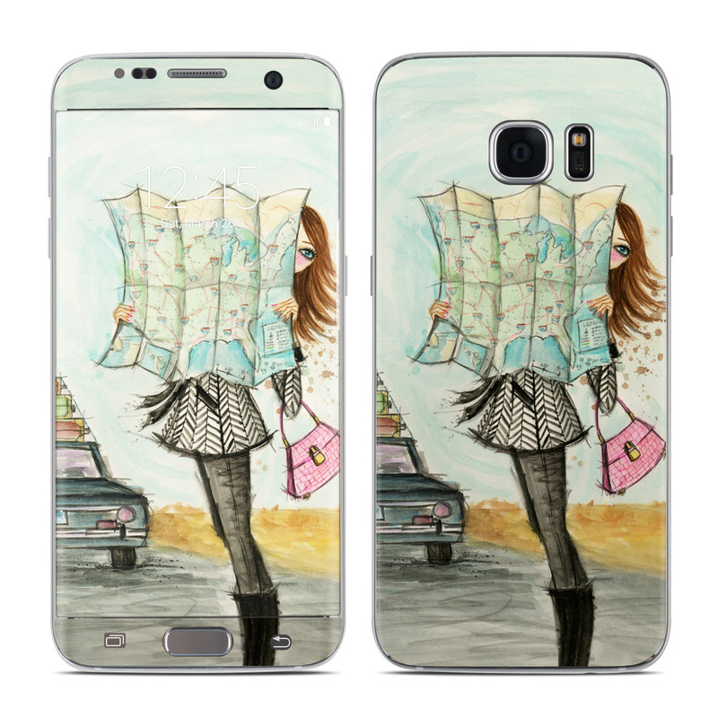 Samsung Galaxy S7 Edge Skin design of Fashion illustration, Sketch, Watercolor paint, Illustration, Drawing, Art, Footwear, Vehicle, Painting, Fashion design, with blue, black, gray, white, pink, brown, green, orange, yellow colors