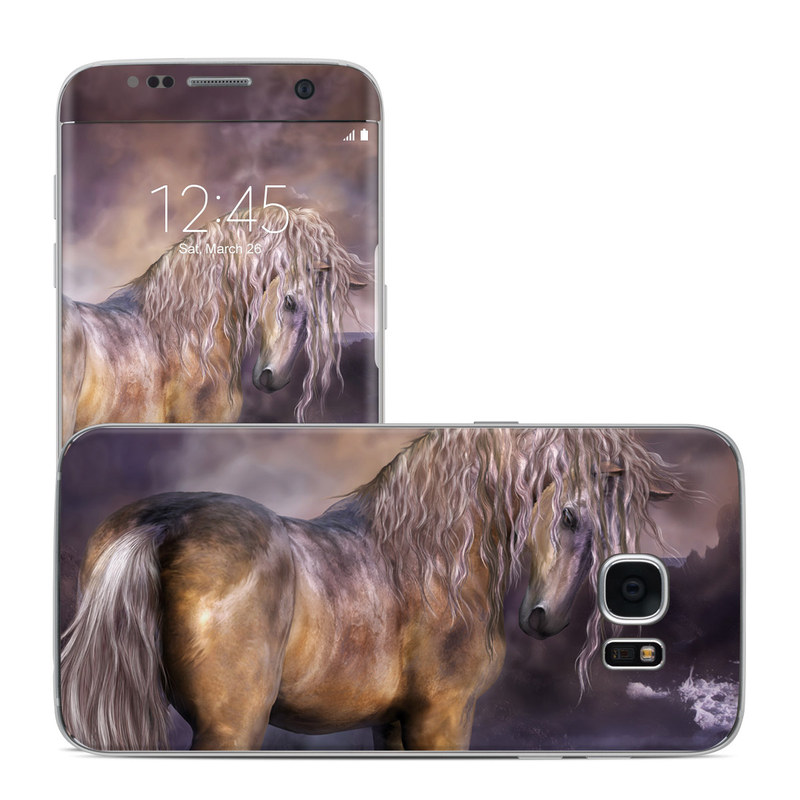 Samsung Galaxy S7 Edge Skin design of Horse, Mane, Stallion, Mustang horse, Fictional character, Mare, Painting, Wildlife, Mythical creature, with black, gray, red, blue, green colors
