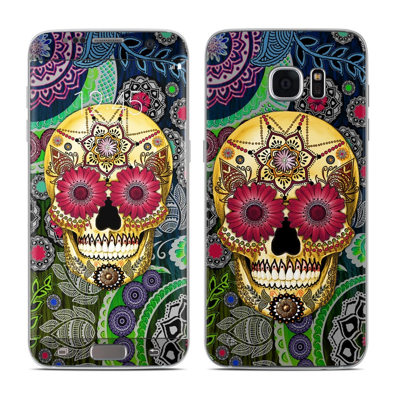 Samsung Galaxy S7 Edge Skin design of Skull, Bone, Pattern, Psychedelic art, Visual arts, Design, Illustration, Art, Textile, Plant, with black, red, gray, green, blue colors