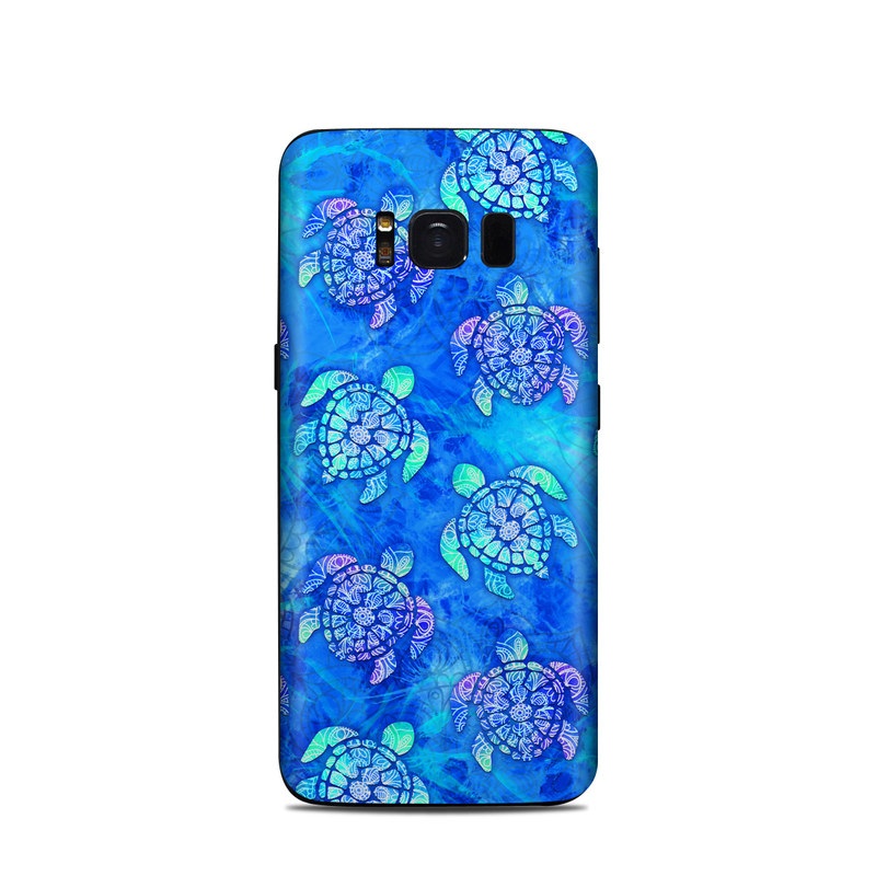 Samsung Galaxy S8 Skin design of Blue, Pattern, Organism, Design, Sea turtle, Plant, Electric blue, Hydrangea, Flower, Symmetry, with blue, green, purple colors