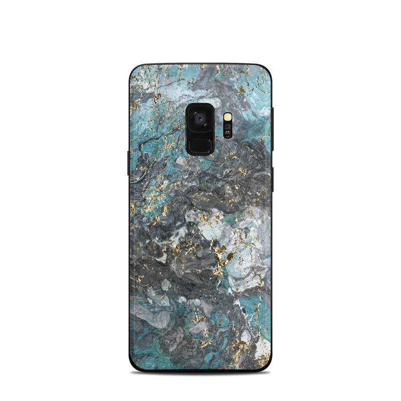 Samsung Galaxy S9 Skin design of Blue, Turquoise, Green, Aqua, Teal, Geology, Rock, Painting, Pattern with black, white, gray, green, blue colors