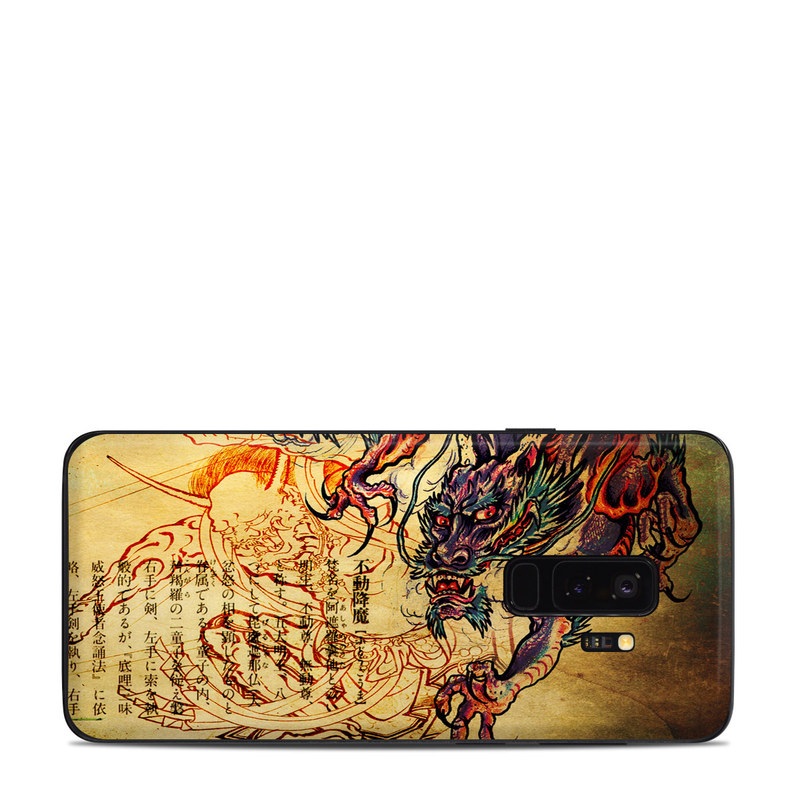 Samsung Galaxy S9 Plus Skin design of Illustration, Fictional character, Art, Demon, Drawing, Visual arts, Dragon, Supernatural creature, Mythical creature, Mythology, with black, green, red, gray, pink, orange colors