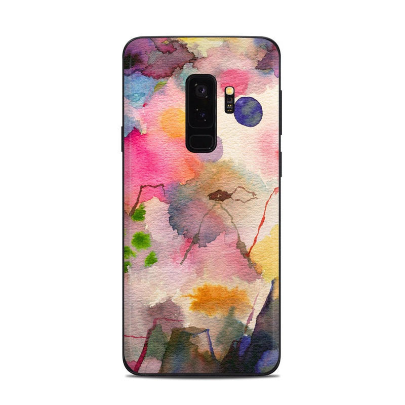 Samsung Galaxy S9 Plus Skin design of Watercolor paint, Flower, Textile, Painting, Art, Plant, Pattern, Visual arts, Floral design, Paint with white, pink, red, yellow, green, blue, black, orange colors