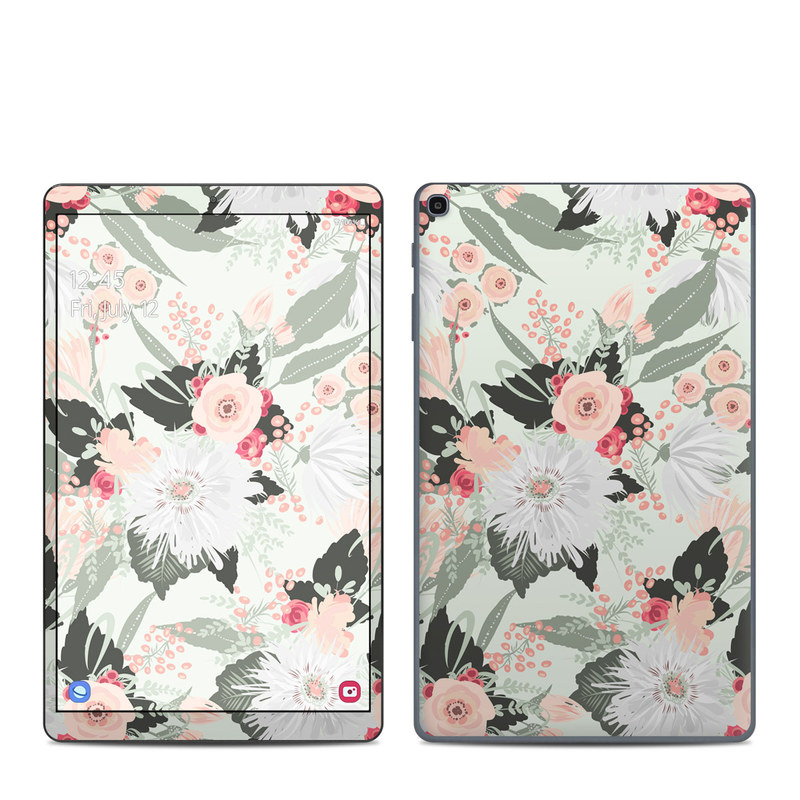 Samsung Galaxy Tab A 10.1 2019 Skin design of Pattern, Pink, Floral design, Design, Textile, Wrapping paper, Plant, Peach, Flower with green, red, white, pink colors