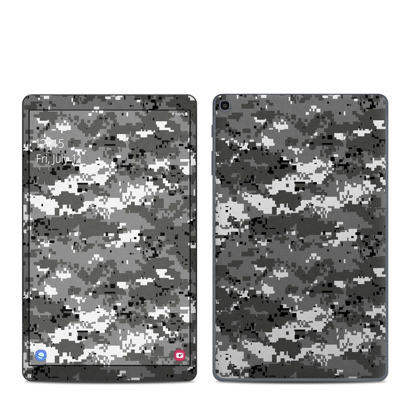 Samsung Galaxy Tab A 10.1 2019 Skin design of Military camouflage, Pattern, Camouflage, Design, Uniform, Metal, Black-and-white with black, gray colors