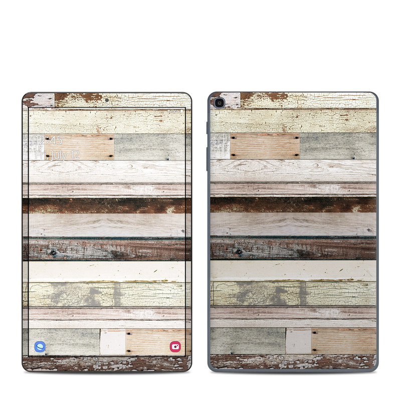 Samsung Galaxy Tab A 10.1 2019 Skin design of Wood, Wall, Plank, Line, Lumber, Wood stain, Beige, Parallel, Hardwood, Pattern, with brown, white, gray, yellow colors