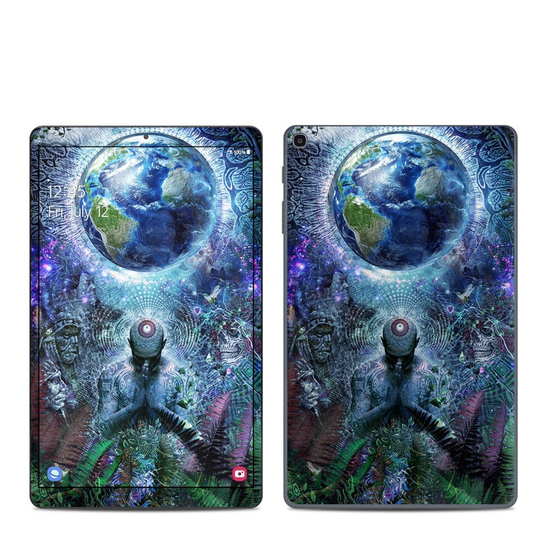 Samsung Galaxy Tab A 10.1 2019 Skin design of Psychedelic art, Fractal art, Art, Space, Organism, Earth, Sphere, Graphic design, Circle, Graphics, with blue, green, gray, purple, pink, black, white colors