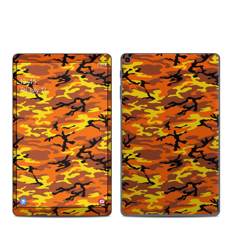 Samsung Galaxy Tab A 10.1 2019 Skin design of Military camouflage, Orange, Pattern, Camouflage, Yellow, Brown, Uniform, Design, Tree, Wildlife, with red, green, black colors