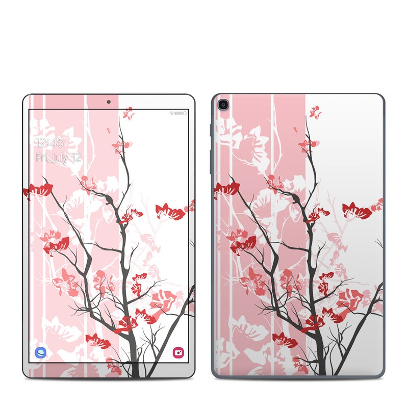 Samsung Galaxy Tab A 10.1 2019 Skin design of Branch, Red, Flower, Plant, Tree, Twig, Blossom, Botany, Pink, Spring, with white, pink, gray, red, black colors