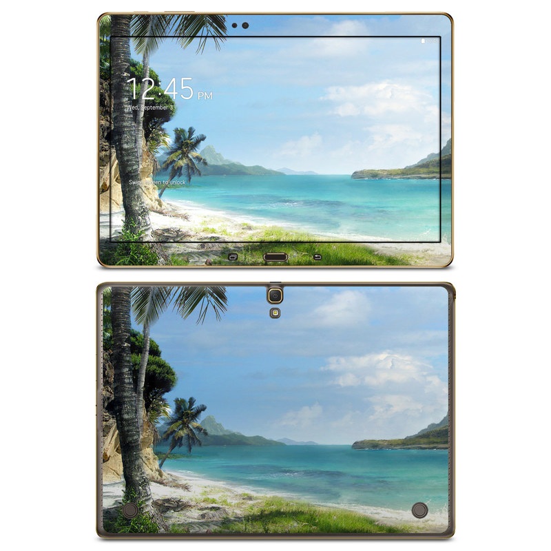 Samsung Galaxy Tab S 10.5 Skin design of Body of water, Tropics, Nature, Natural landscape, Shore, Coast, Caribbean, Sea, Tree, Beach, with gray, black, blue, green colors