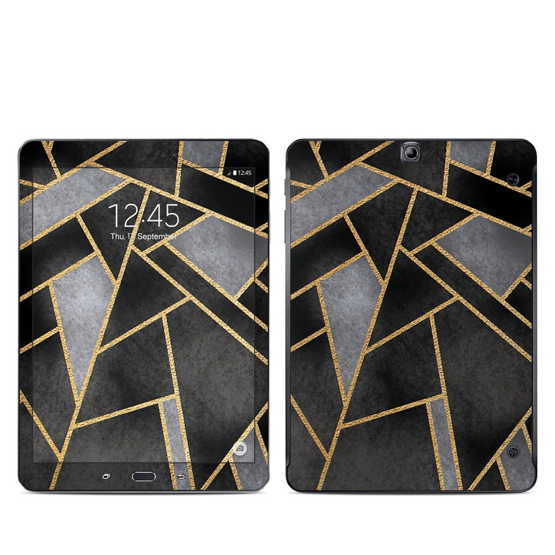 Samsung Galaxy Tab S2 9.7 Skin design of Pattern, Triangle, Yellow, Line, Tile, Floor, Design, Symmetry, Architecture, Flooring, with black, gray, yellow colors