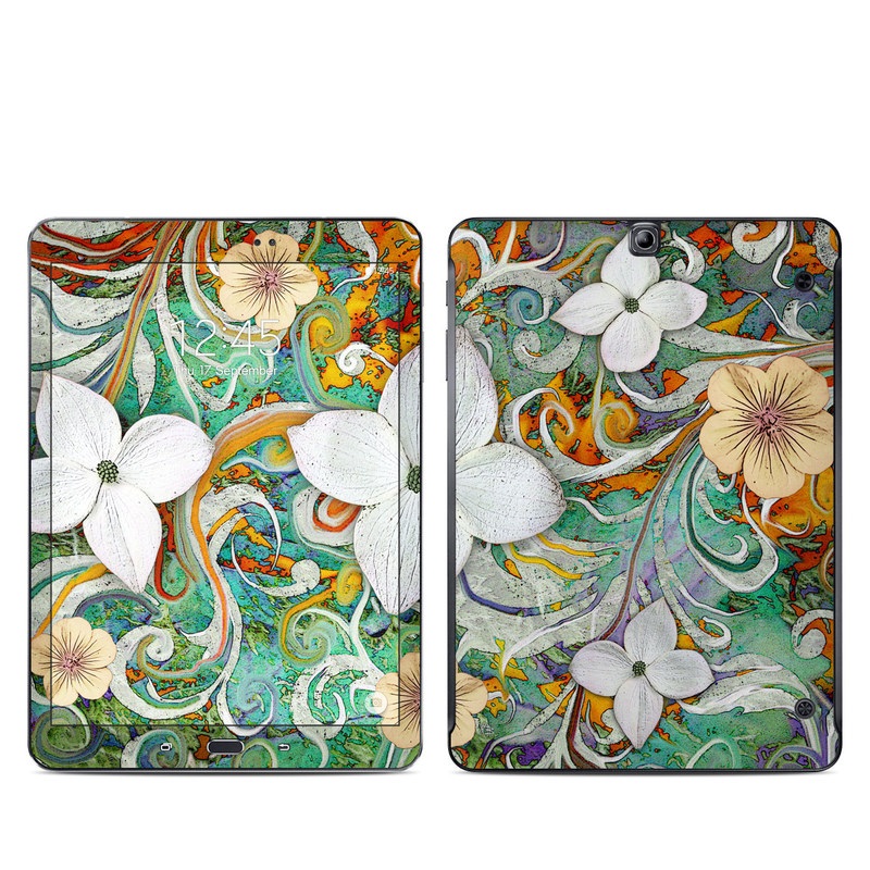 Samsung Galaxy Tab S2 9.7 Skin design of Flower, Pattern, Plant, Wildflower, Floral design, Petal, Art, Painting, Visual arts, Wallpaper, with gray, black, green, blue, red colors
