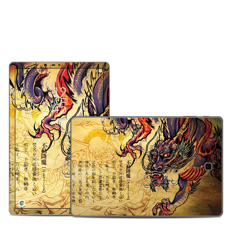 Samsung Galaxy Tab S4 Skin design of Illustration, Fictional character, Art, Demon, Drawing, Visual arts, Dragon, Supernatural creature, Mythical creature, Mythology with black, green, red, gray, pink, orange colors