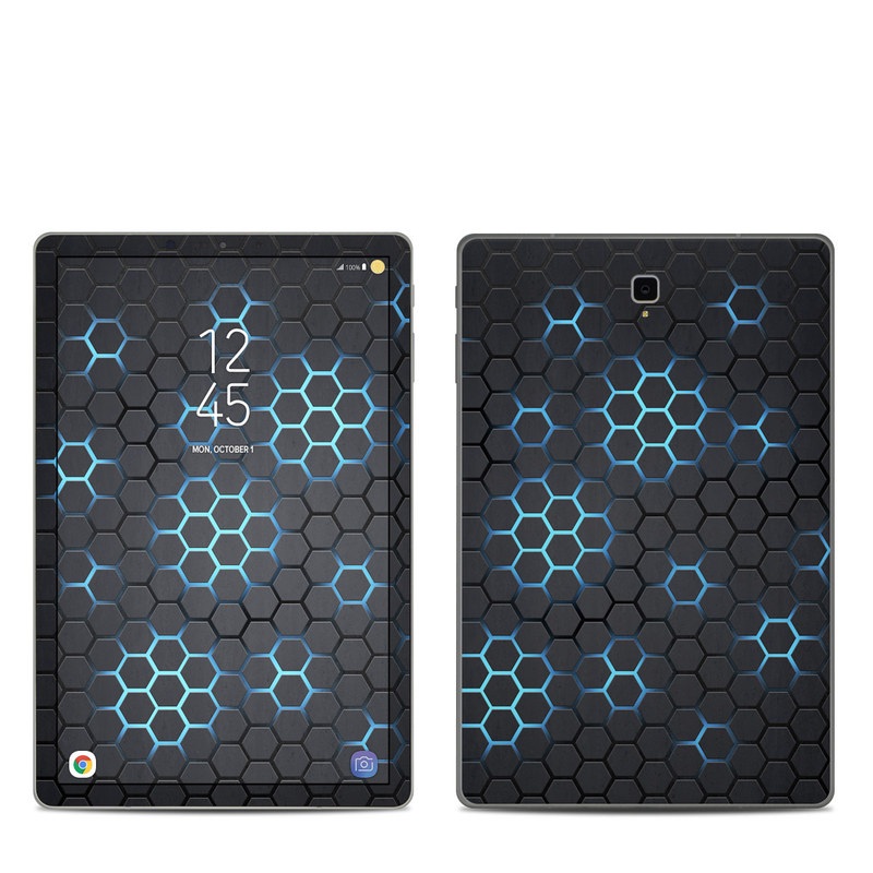 Samsung Galaxy Tab S4 Skin design of Pattern, Water, Design, Circle, Metal, Mesh, Sphere, Symmetry with black, gray, blue colors