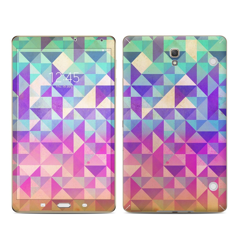 Samsung Galaxy Tab S 8.4 Skin design of Pattern, Purple, Triangle, Violet, Magenta, Line, Design, Symmetry, Psychedelic art, with gray, purple, green, blue, pink colors