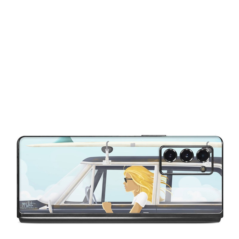 Samsung Galaxy Z Fold2 Skin design of Vehicle door, Vehicle, Automotive exterior, Automotive design, Car, Headgear, Windshield, Dress, Automotive window part, Family car, with blue, white, gray, yellow colors