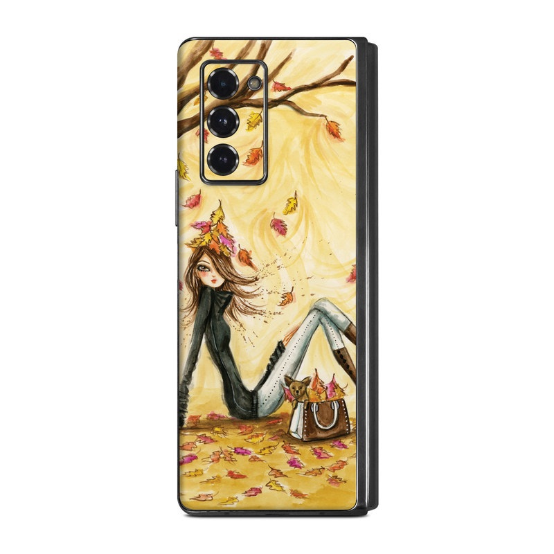 Samsung Galaxy Z Fold2 Skin design of Painting, Watercolor paint, Tree, Art, Illustration, Plant, Modern art, Visual arts, Still life, Fictional character, with yellow, red, brown, orange, black, white colors