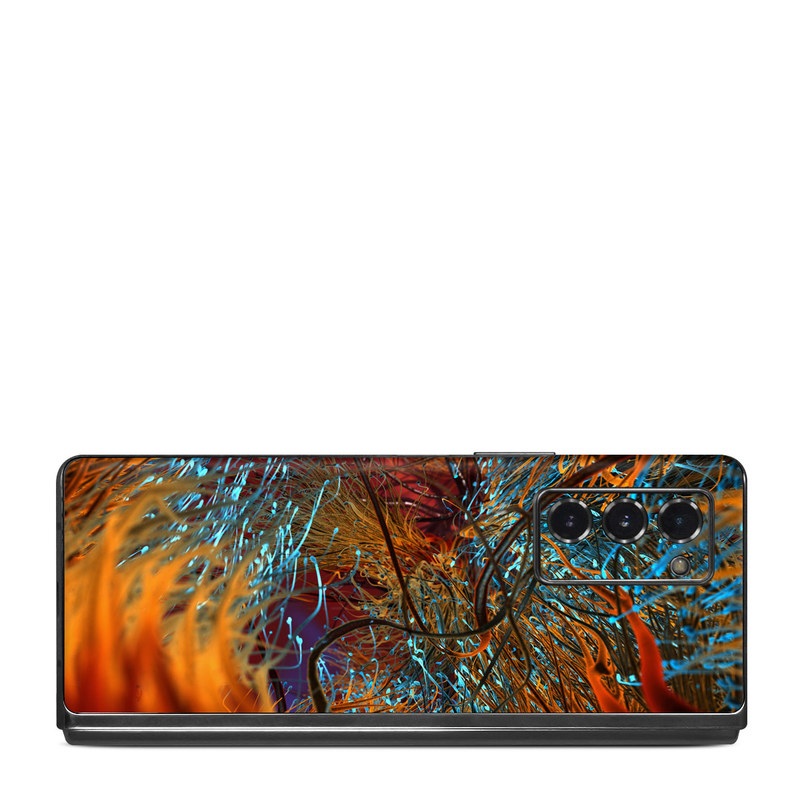 Samsung Galaxy Z Fold2 Skin design of Orange, Tree, Electric blue, Organism, Fractal art, Plant, Art, Graphics, Space, Psychedelic art, with orange, blue, red, yellow, purple colors