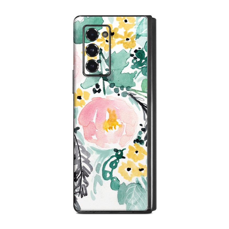 Samsung Galaxy Z Fold2 Skin design of Branch, Clip art, Watercolor paint, Flower, Leaf, Botany, Plant, Illustration, Design, Graphics, with green, pink, red, orange, yellow colors