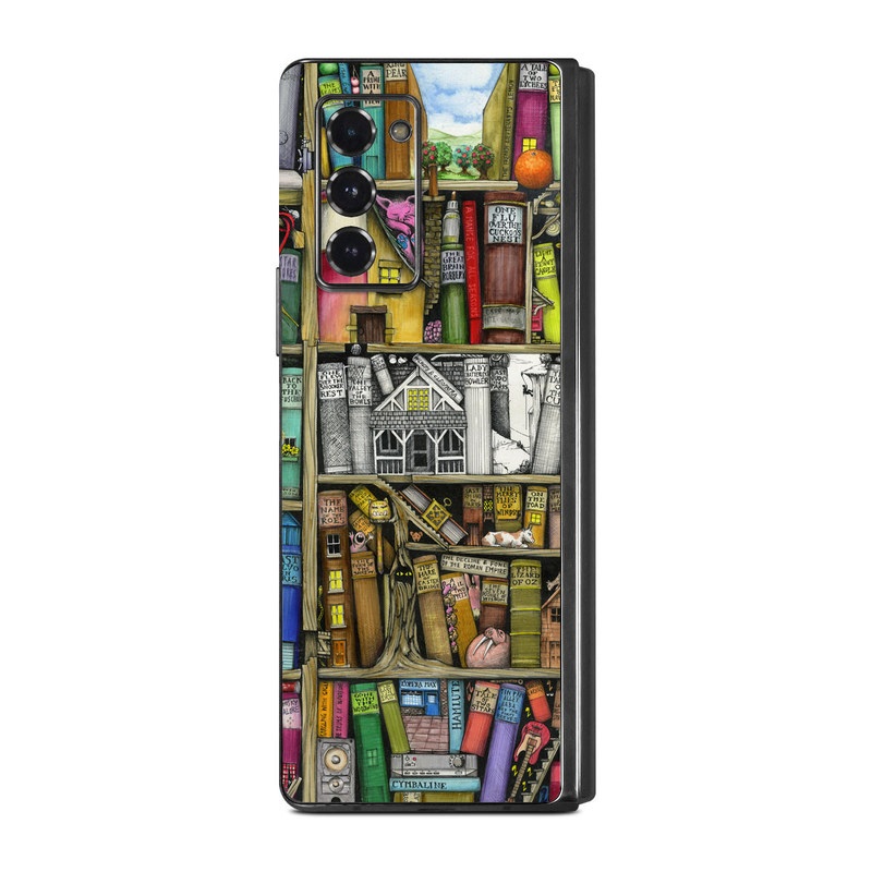 Samsung Galaxy Z Fold2 Skin design of Collection, Art, Visual arts, Bookselling, Shelving, Painting, Building, Shelf, Publication, Modern art, with brown, green, blue, red, pink colors