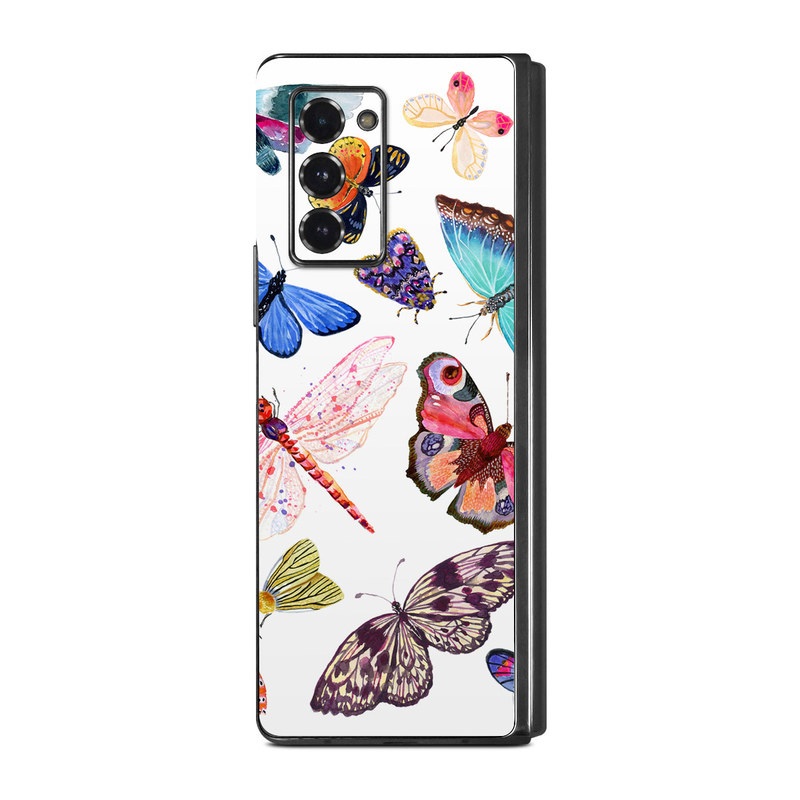 Samsung Galaxy Z Fold2 Skin design of Butterfly, Pollinator, Insect, Arthropod, Organism, Moths and butterflies, Art, Symmetry, Wing, Illustration, with white, blue, green, red, yellow, orange, pink, brown, purple colors