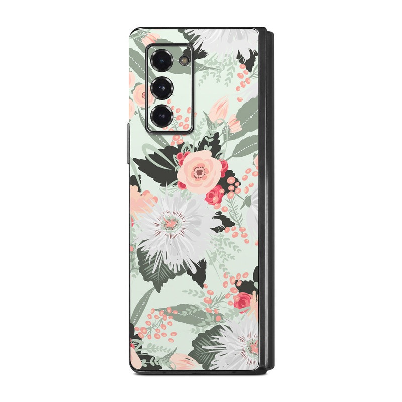 Samsung Galaxy Z Fold2 Skin design of Pattern, Pink, Floral design, Design, Textile, Wrapping paper, Plant, Peach, Flower, with green, red, white, pink colors