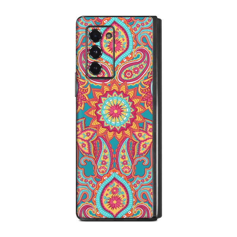 Samsung Galaxy Z Fold2 Skin design of Pattern, Paisley, Motif, Visual arts, Design, Art, Textile, Psychedelic art, with orange, yellow, blue, red colors