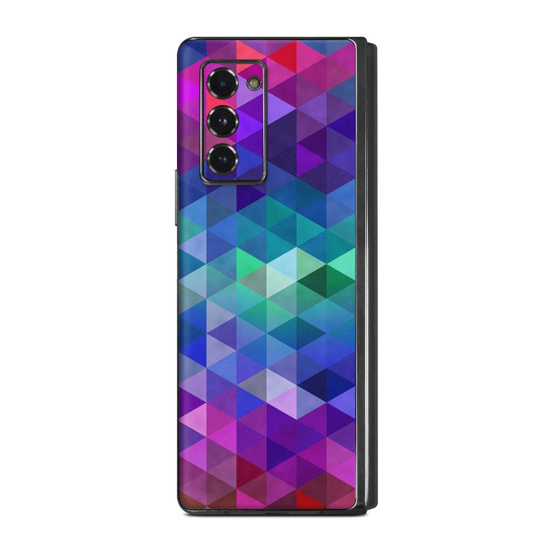 Samsung Galaxy Z Fold2 Skin design of Purple, Violet, Pattern, Blue, Magenta, Triangle, Line, Design, Graphic design, Symmetry, with blue, purple, green, red, pink colors