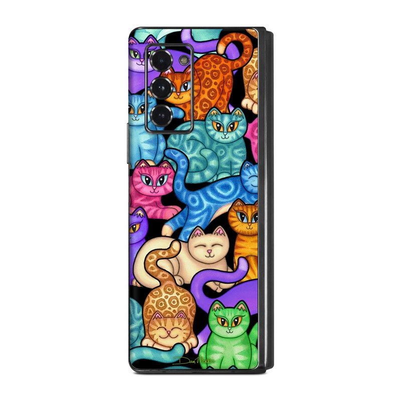 Samsung Galaxy Z Fold2 Skin design of Cat, Cartoon, Felidae, Organism, Small to medium-sized cats, Illustration, Animated cartoon, Wildlife, Kitten, Art, with black, blue, red, purple, green, brown colors
